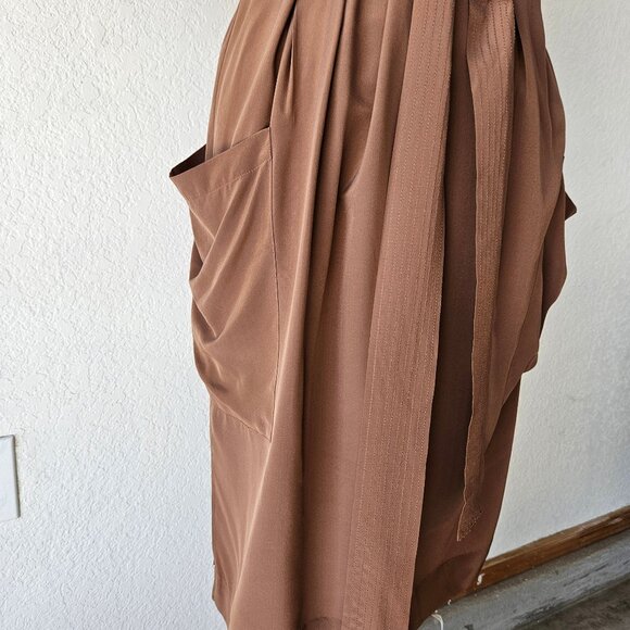 Maeve Anthropologie 100% Silk Warm Brown Faux Mock Wrap Dress Size 14 - Picture 4 of 11